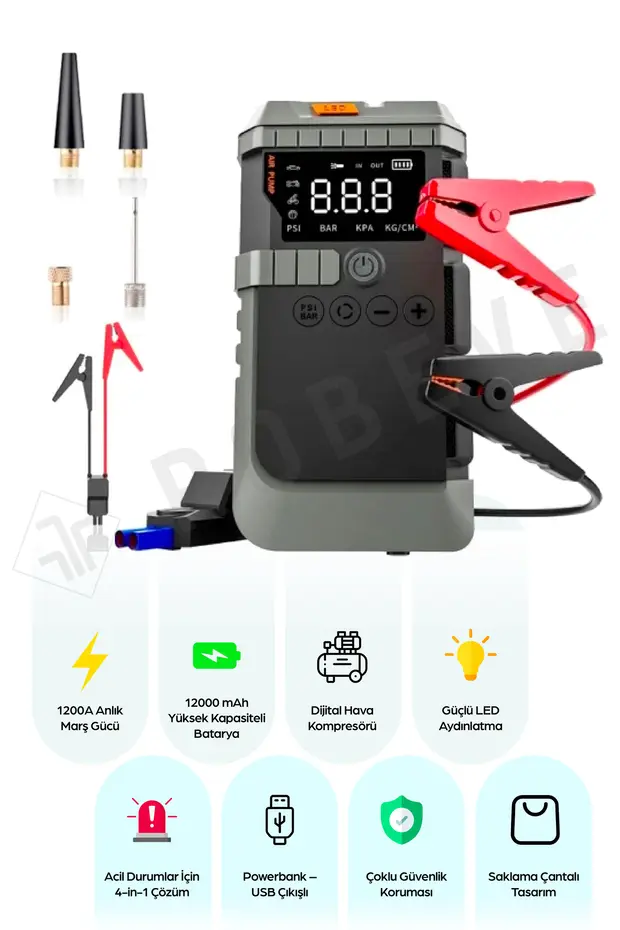 4-in-1 Şarjlı Akü Takviye Cihazı Uyumlu – 12000 mAh , 1200A , Lastik Pompası, Powerbank , LED Işık